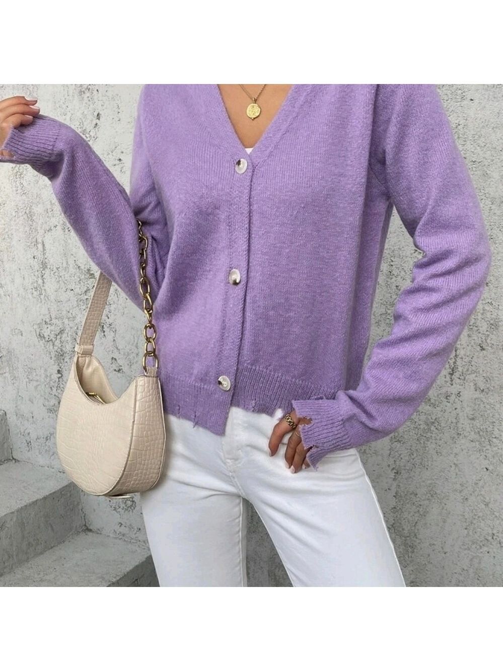 Shein V-neck Knit Sweater Cardigan Button Down Asymmetrical Distressed Hem Lilac